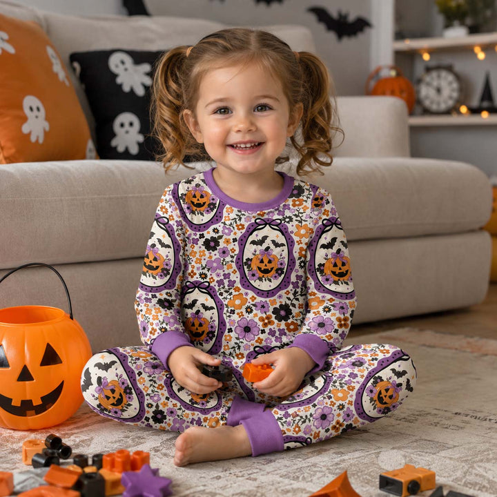 Floral Pumpkin Halloween Bamboo Two Piece Long Sleeve Pajama Set