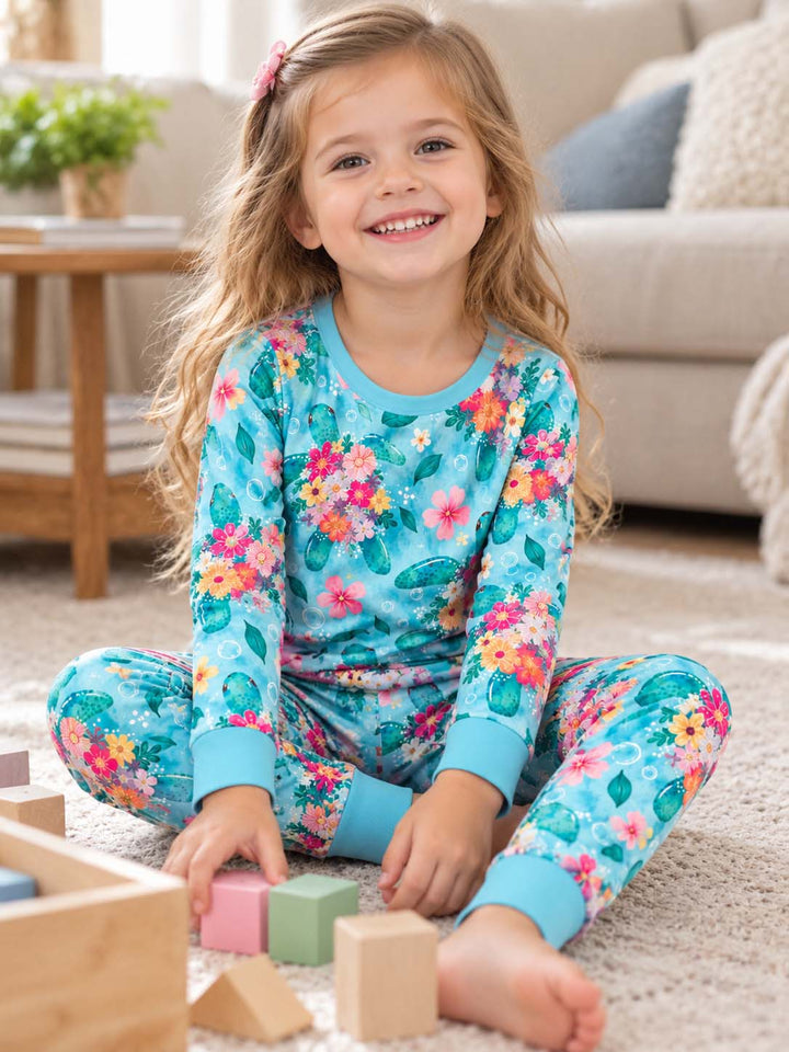 Floral Sea Turtle Bamboo Two Piece Long Sleeve Pajama Set