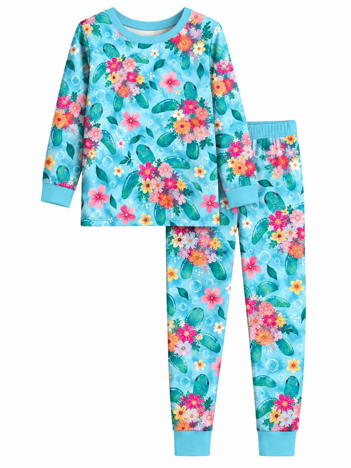 Floral Sea Turtle Bamboo Two Piece Long Sleeve Pajama Set