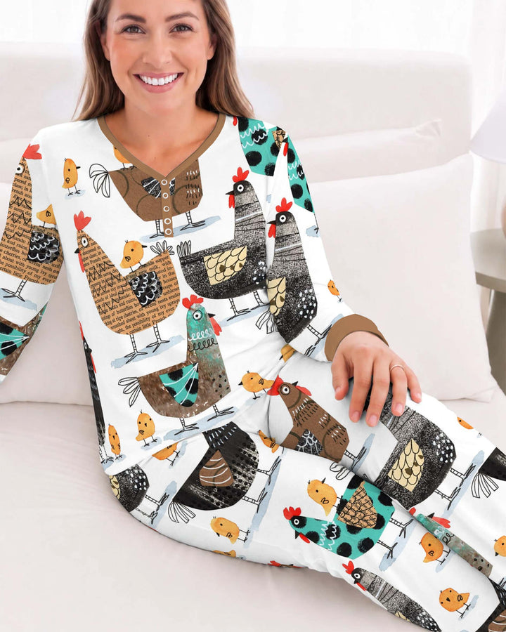 Folk Chicken Family Bamboo Women Pajama Set
