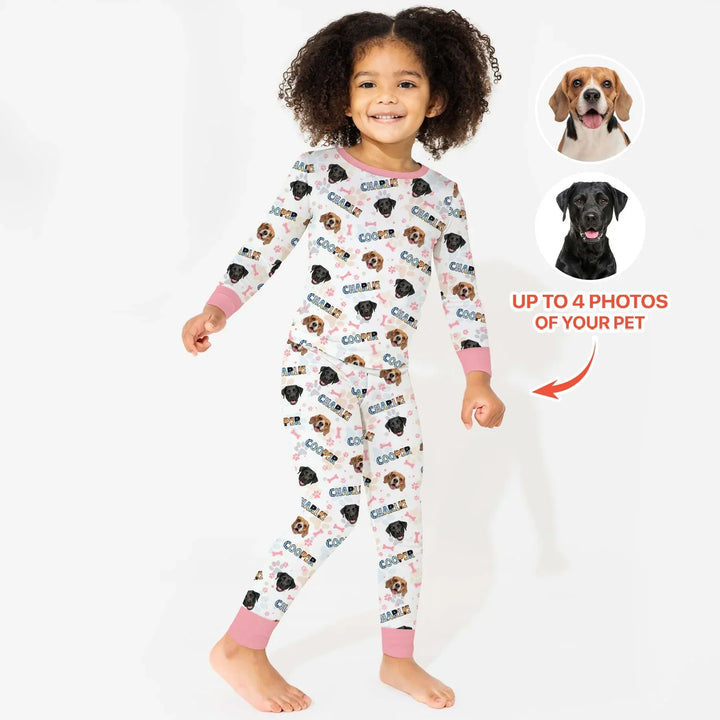Custom Name Doodle Letters Blue Dog Bamboo Two Piece Long Sleeve Pajama Set