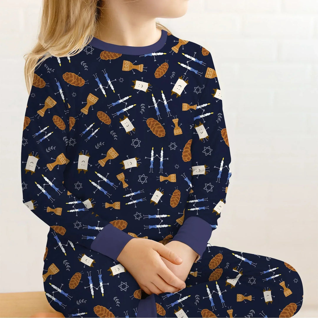 Shabbat Shalom Family Matching Bamboo Two Piece Long Sleeve Pajama Set