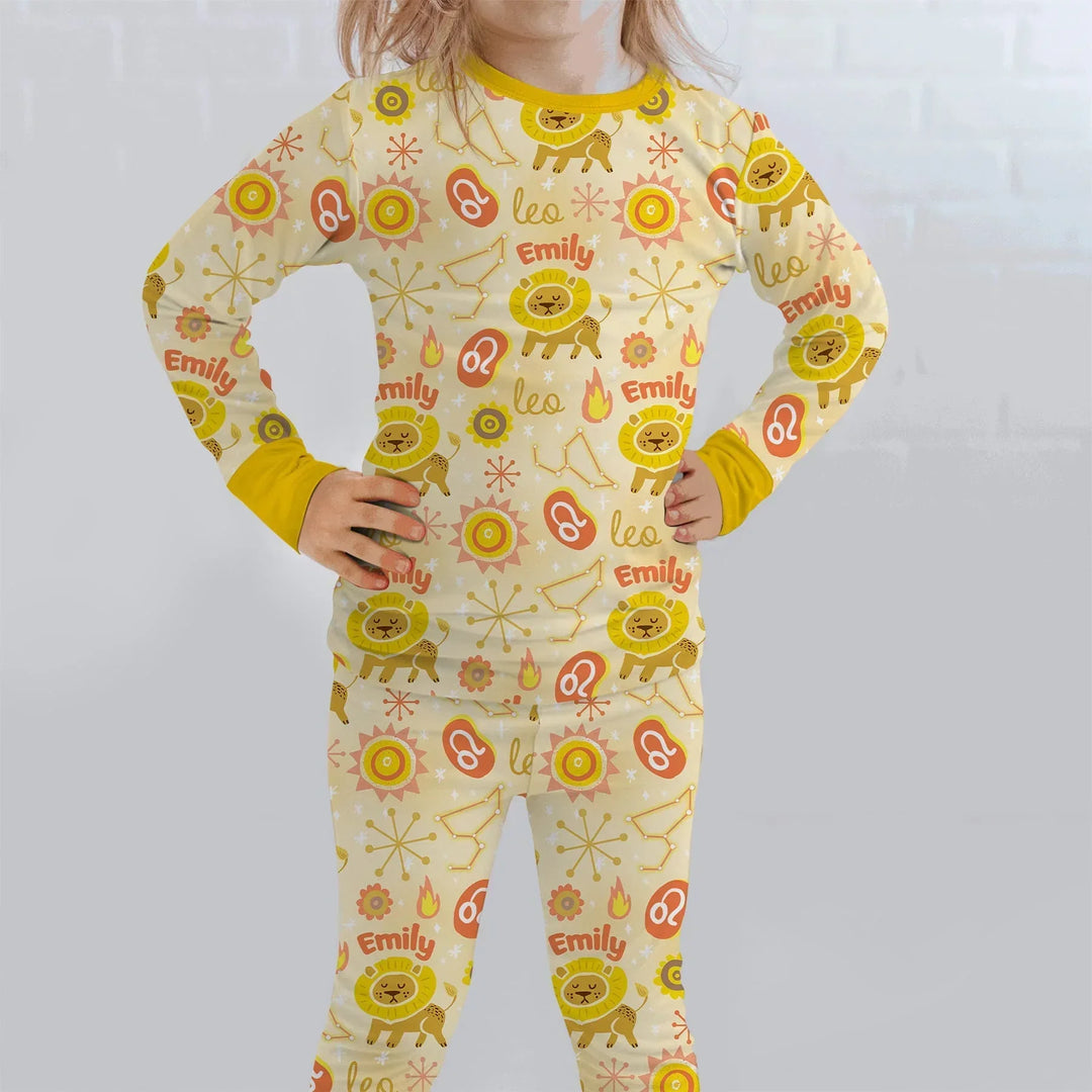 Custom Name Zodiac Leo Bamboo Two Piece Long Sleeve Pajama Set
