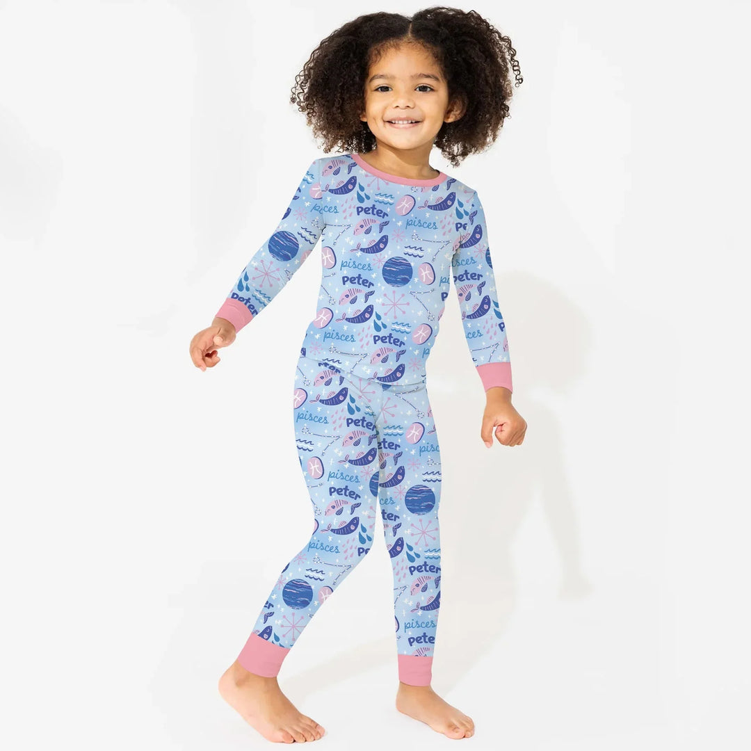 Custom Name Zodiac Pisces Bamboo Two Piece Long Sleeve Pajama Set