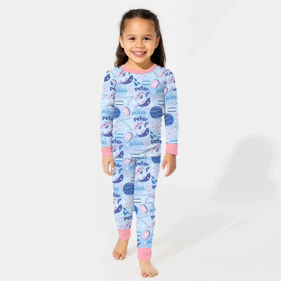Custom Name Zodiac Pisces Bamboo Two Piece Long Sleeve Pajama Set