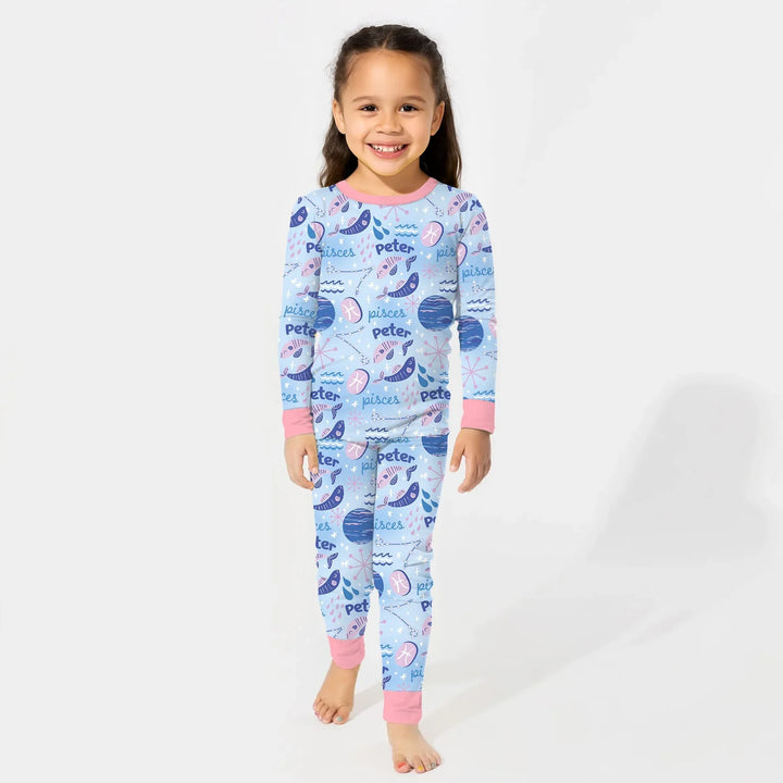 Custom Name Zodiac Pisces Bamboo Two Piece Long Sleeve Pajama Set