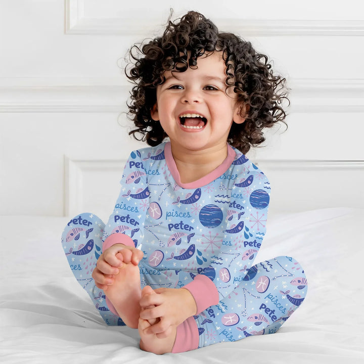 Custom Name Zodiac Pisces Bamboo Two Piece Long Sleeve Pajama Set