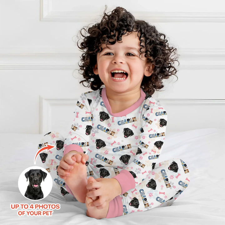 Custom Name Doodle Letters Blue Dog Bamboo Two Piece Long Sleeve Pajama Set