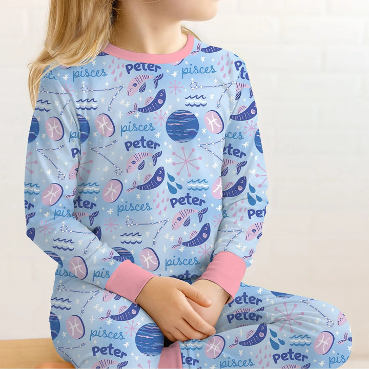 Custom Name Zodiac Pisces Bamboo Two Piece Long Sleeve Pajama Set