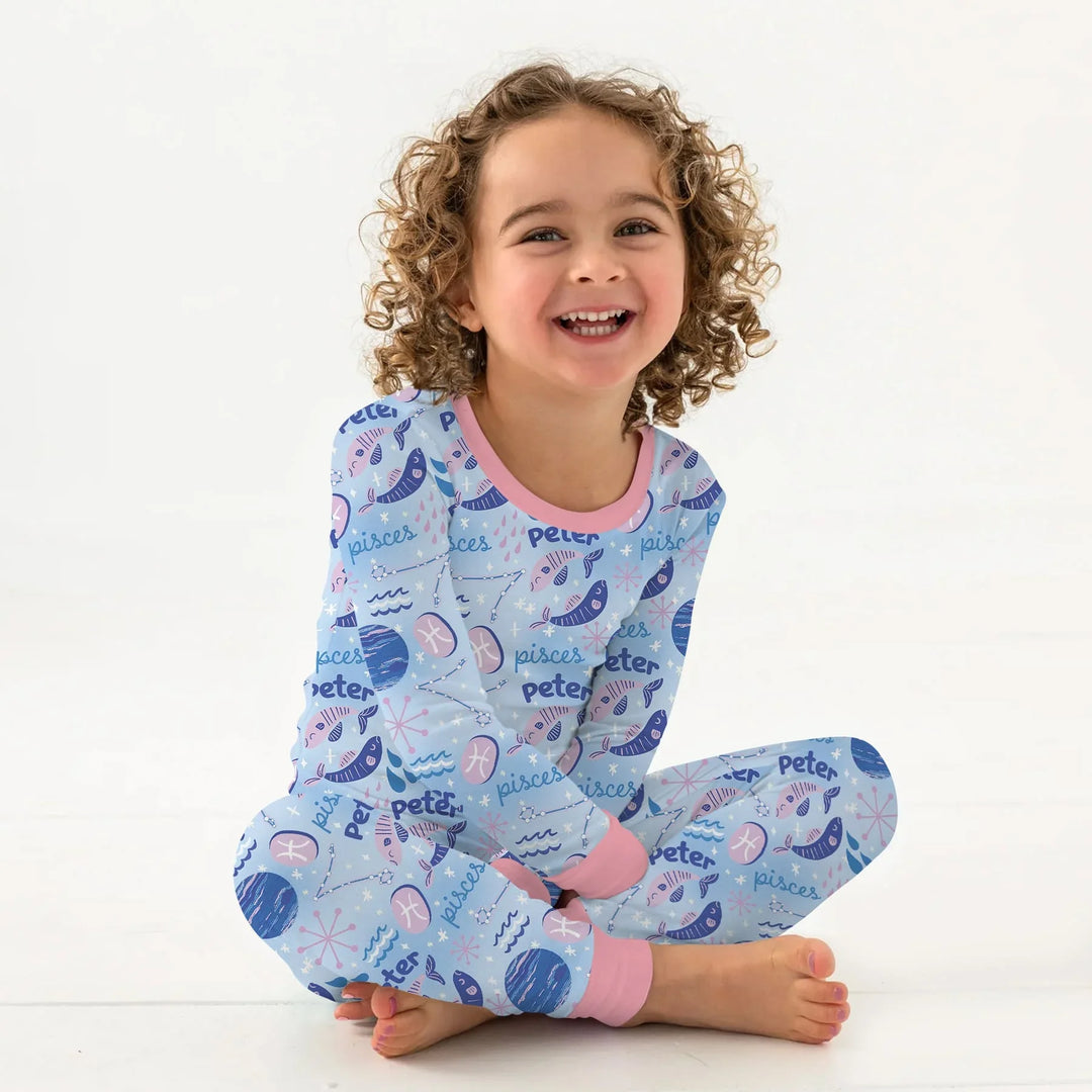 Custom Name Zodiac Pisces Bamboo Two Piece Long Sleeve Pajama Set