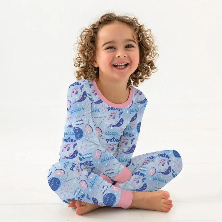Custom Name Zodiac Pisces Bamboo Two Piece Long Sleeve Pajama Set