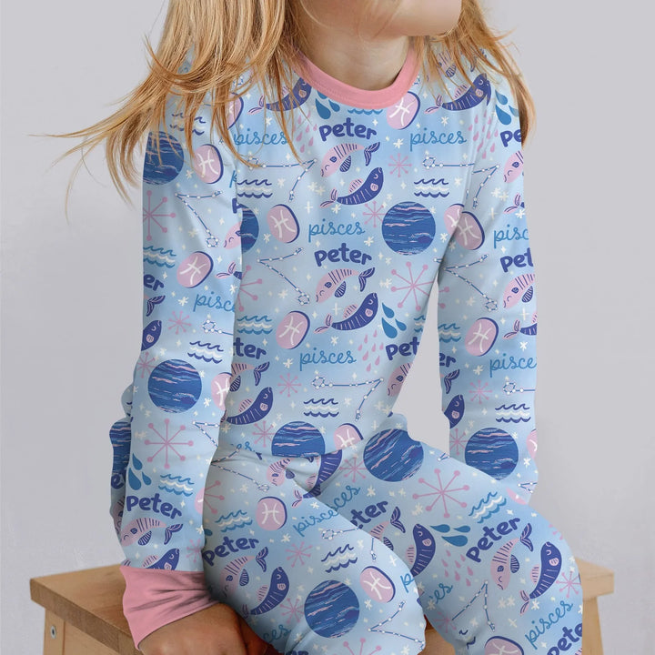 Custom Name Zodiac Pisces Bamboo Two Piece Long Sleeve Pajama Set