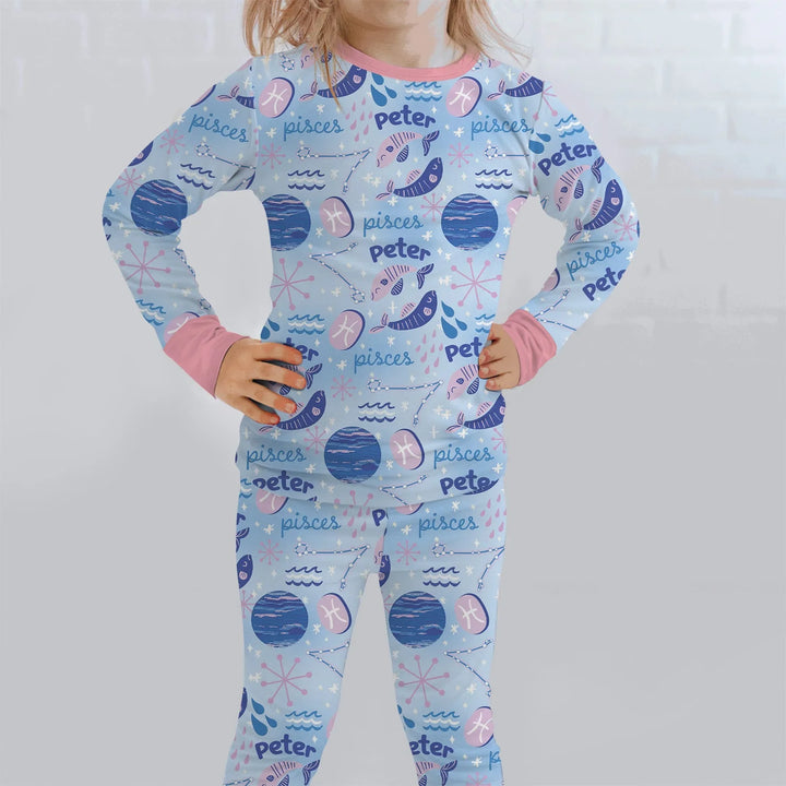 Custom Name Zodiac Pisces Bamboo Two Piece Long Sleeve Pajama Set