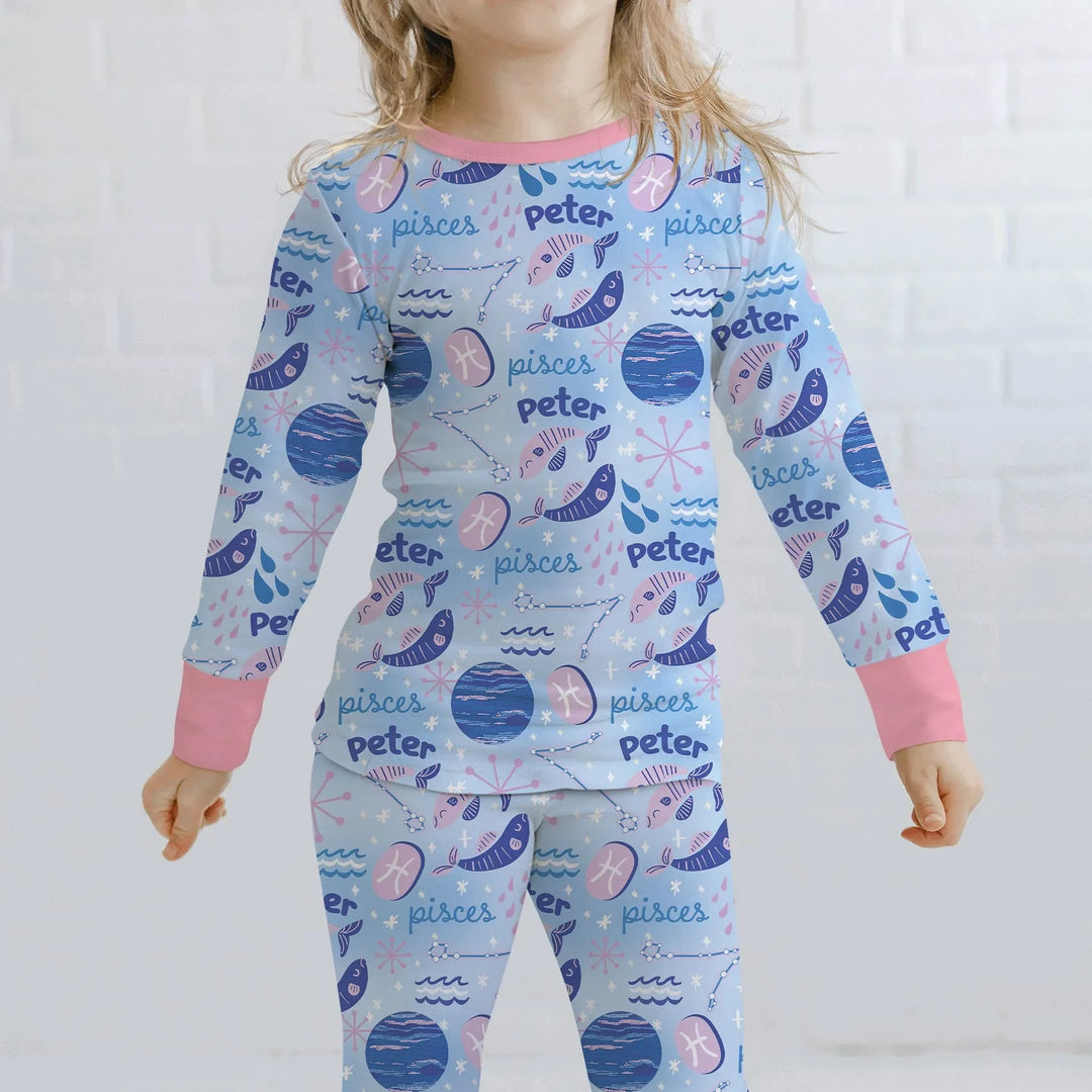 Custom Name Zodiac Pisces Bamboo Two Piece Long Sleeve Pajama Set