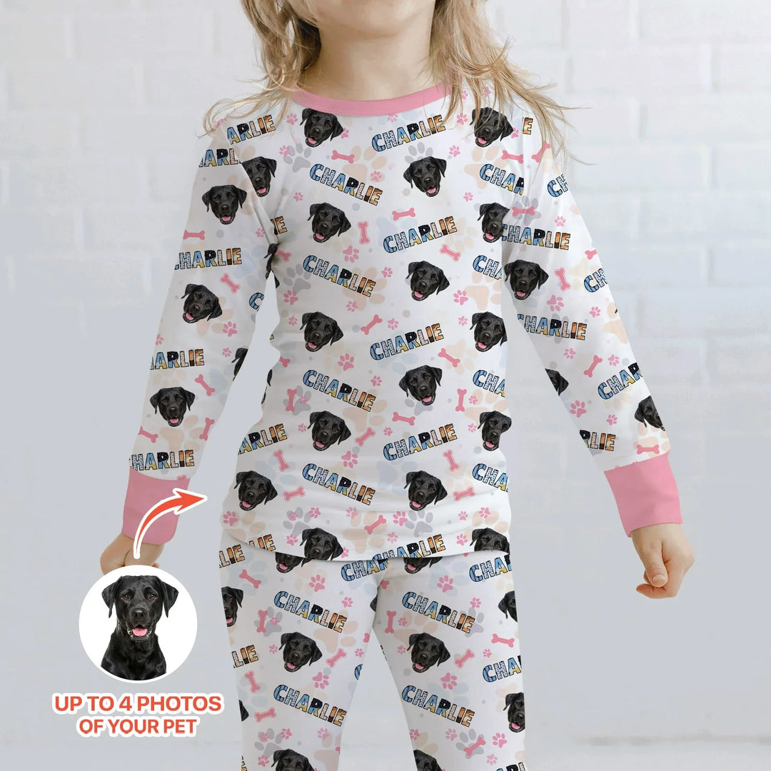 Custom Name Doodle Letters Blue Dog Bamboo Two Piece Long Sleeve Pajama Set
