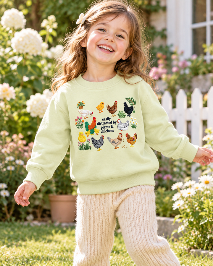 Easily Distracted By Plant And Chickens Embroidered Bamboo Crewneck Sweatshirt