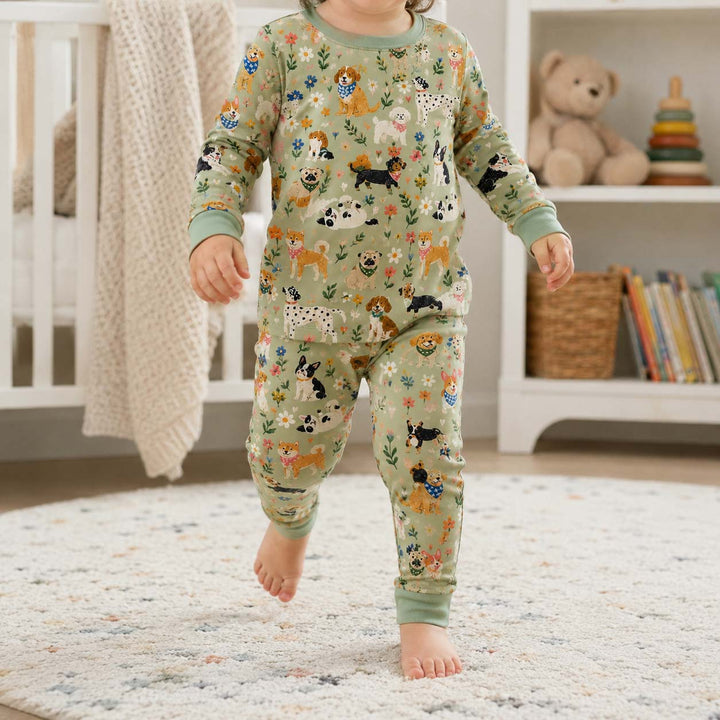 Garden Dogs and Flowers Bamboo Two Piece Long Sleeve Pajama Set