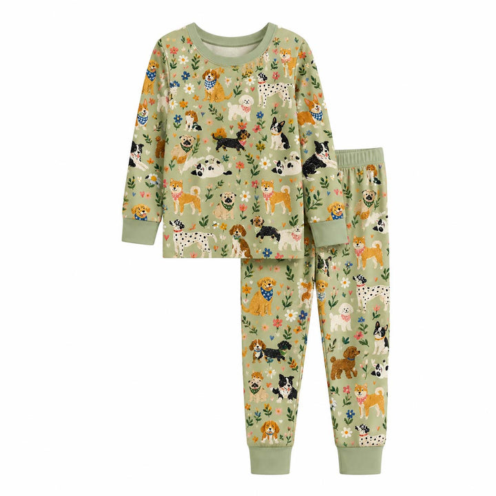 Garden Dogs and Flowers Bamboo Two Piece Long Sleeve Pajama Set