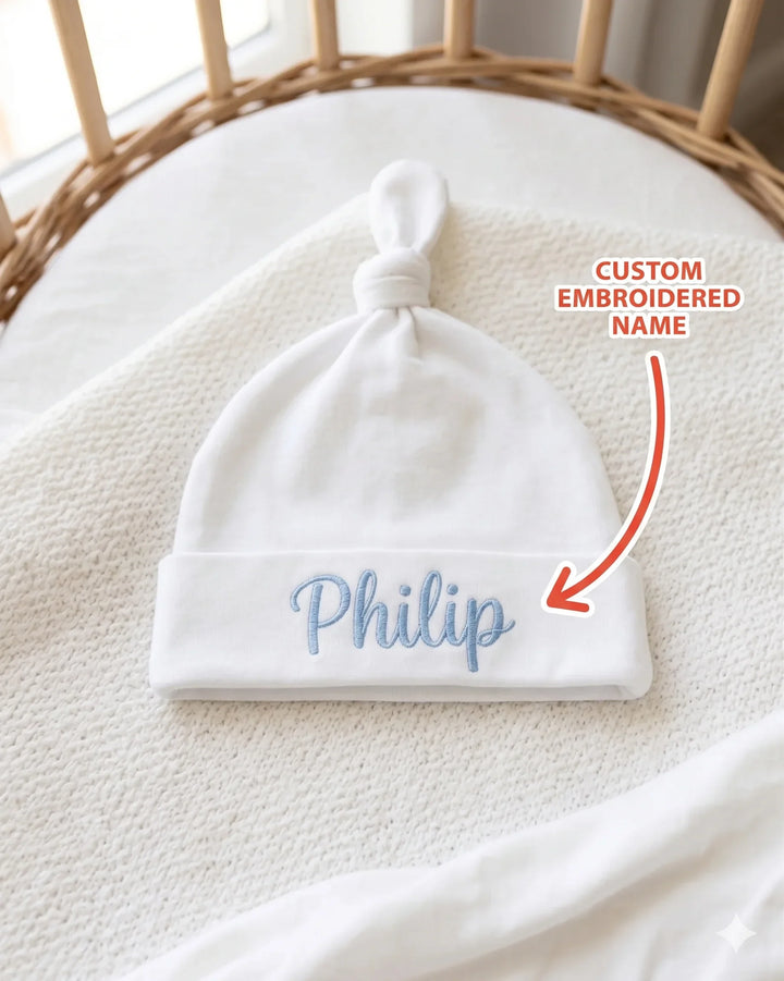 Personalized He's Here Embroidered Bamboo Hat