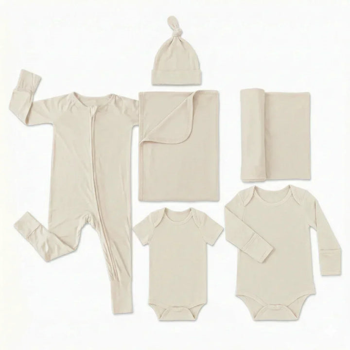 Hospital Bag Essentials Set ( Long zippy+ BodySuit long + BodySuit short + Knotted hat+ Baby Blanket+ Swaddle Blanket)