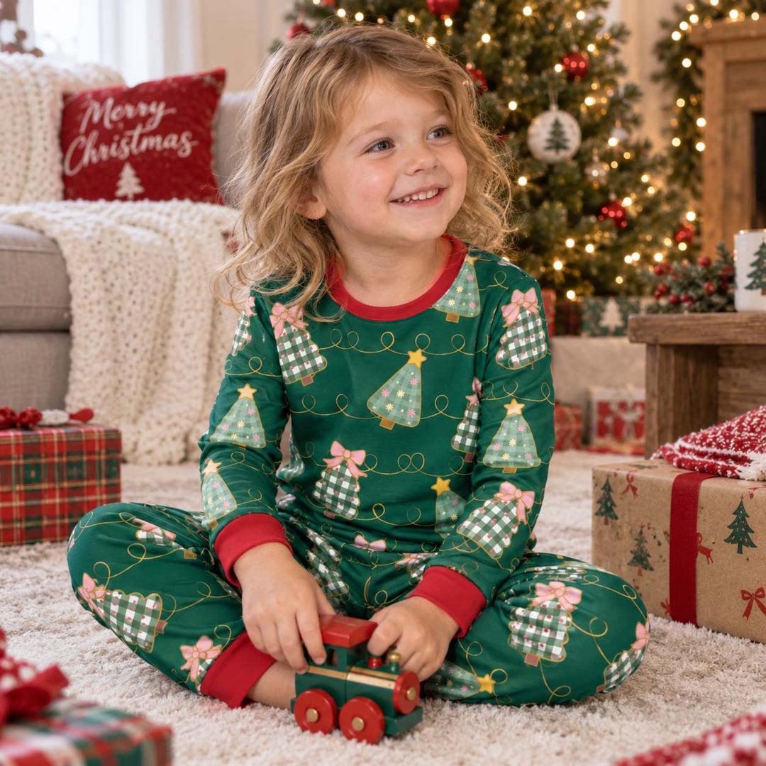Gingham Christmas Trees and Pink Bows Bamboo Two Piece Long Sleeve Pajama Set