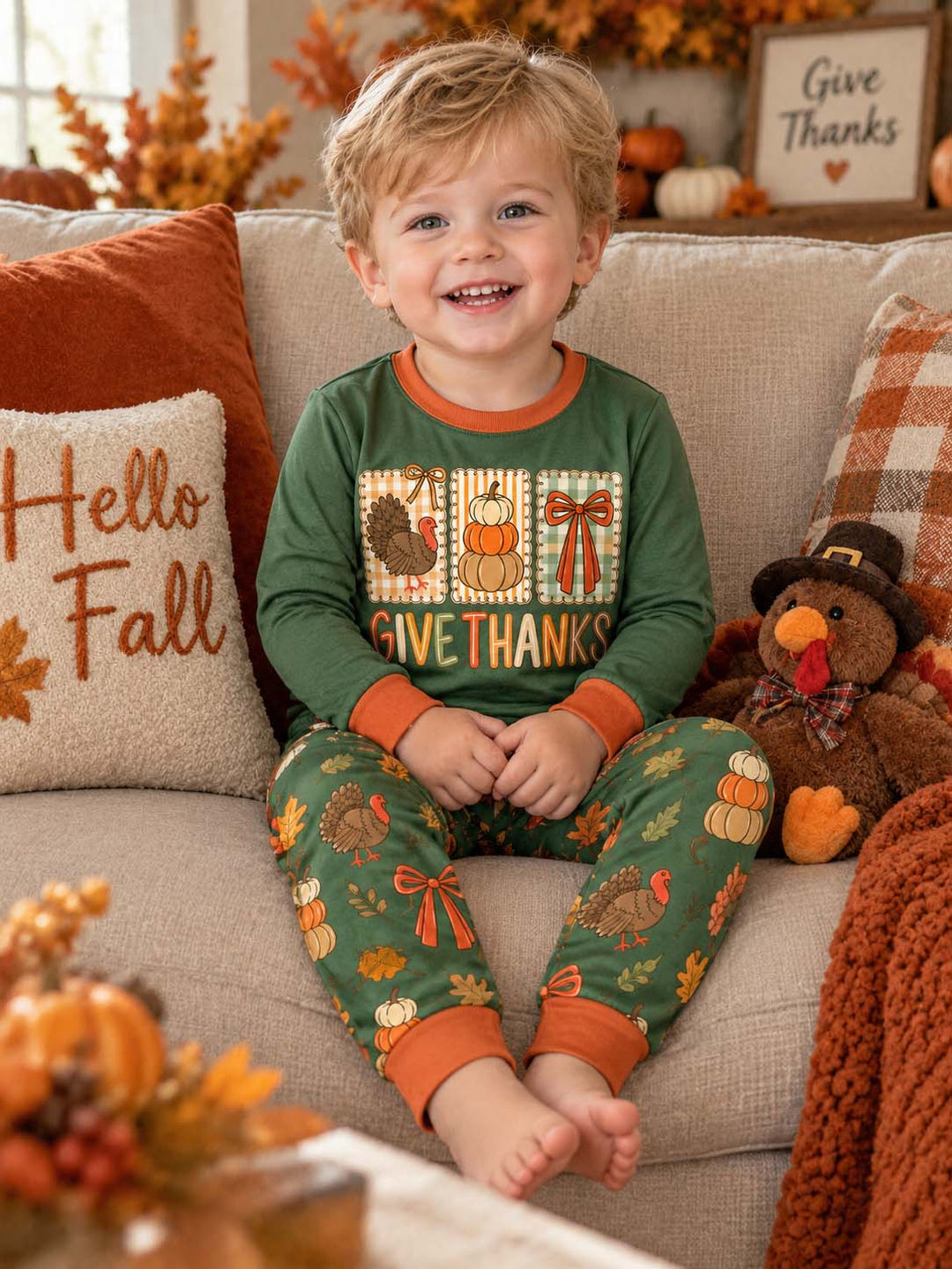 Give Thanks Turkey Pumpkin Bow Bamboo Two Piece Long Sleeve Pajama Set