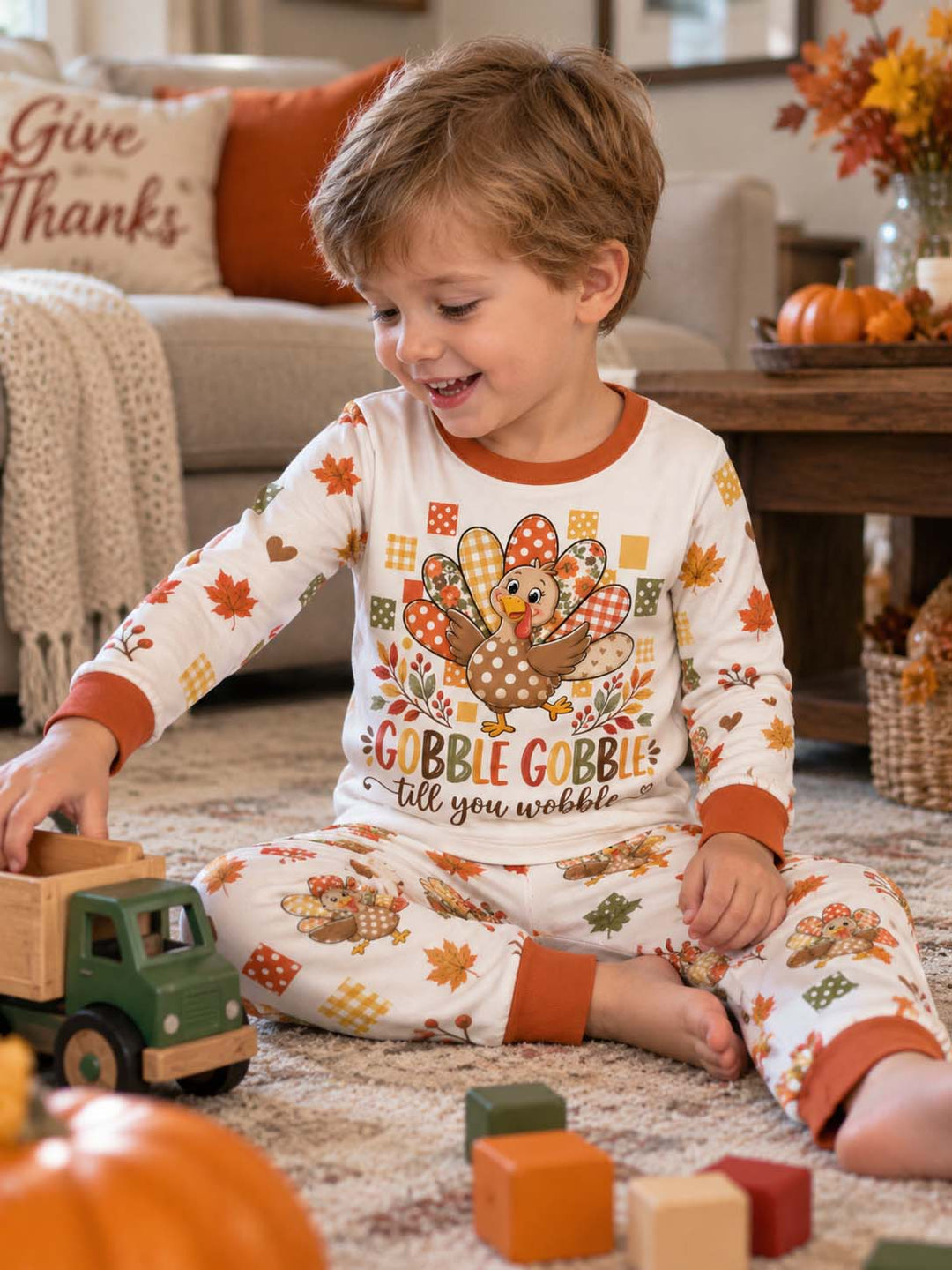 Gobble Gobble Turkey Fall Florals Bamboo Two Piece Long Sleeve Pajama Set