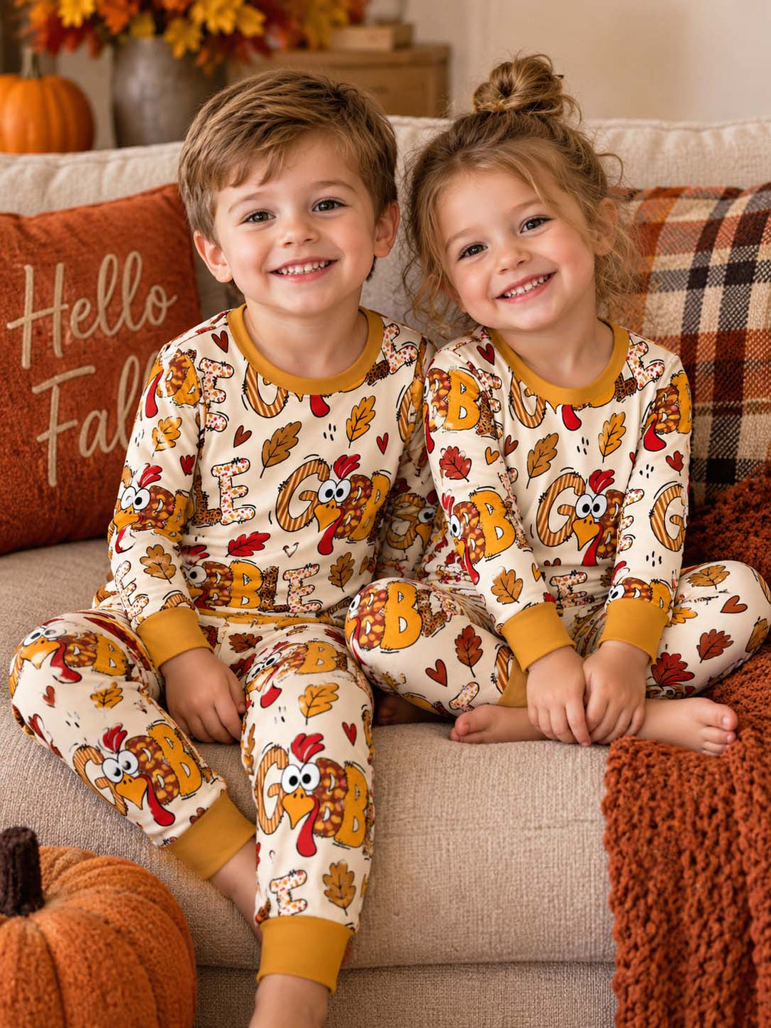 Gobble Turkey Fall Leaves Bamboo Two Piece Long Sleeve Pajama Set