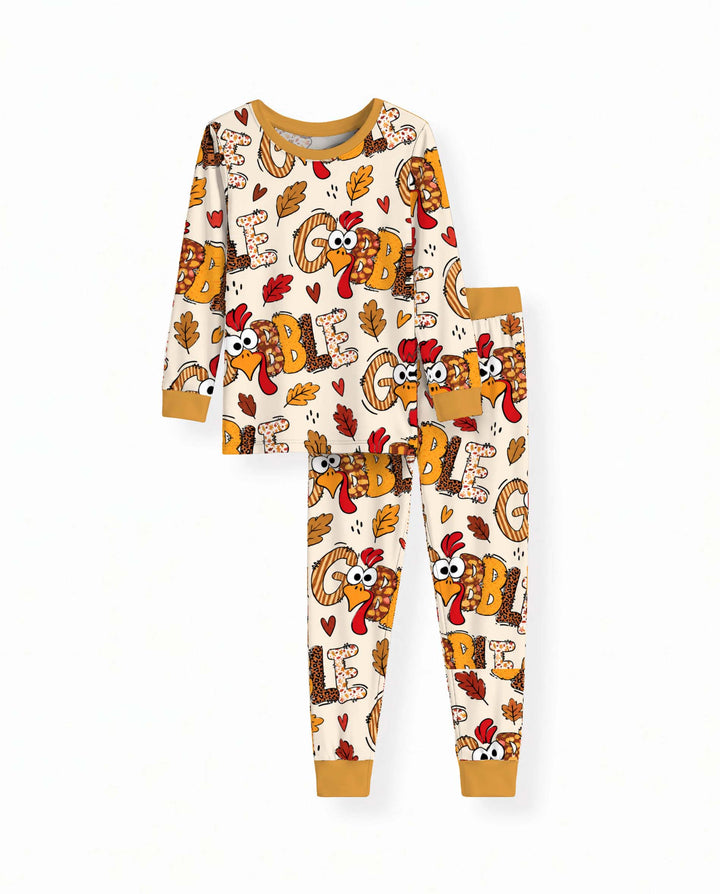 Gobble Turkey Fall Leaves Bamboo Two Piece Long Sleeve Pajama Set