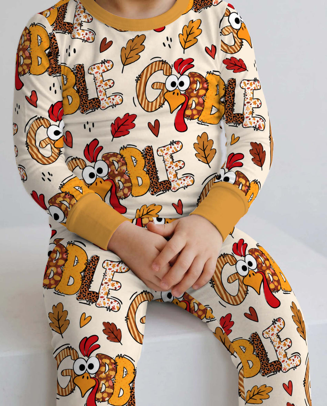 Gobble Turkey Fall Leaves Bamboo Two Piece Long Sleeve Pajama Set