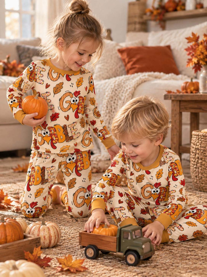 Gobble Turkey Fall Leaves Bamboo Two Piece Long Sleeve Pajama Set
