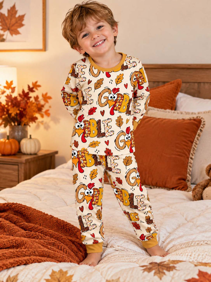 Gobble Turkey Fall Leaves Bamboo Two Piece Long Sleeve Pajama Set