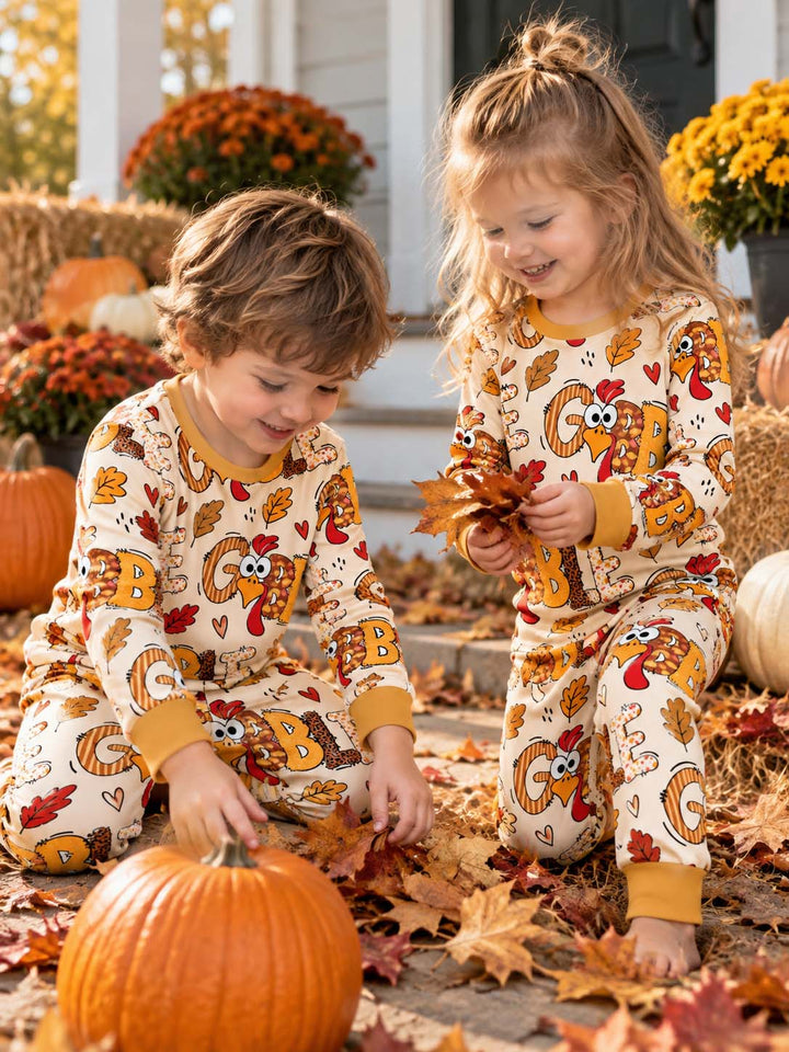 Gobble Turkey Fall Leaves Bamboo Two Piece Long Sleeve Pajama Set