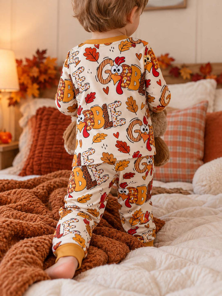 Gobble Turkey Fall Leaves Bamboo Two Piece Long Sleeve Pajama Set