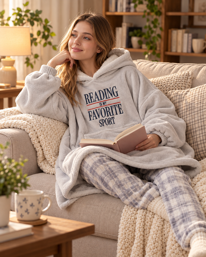 Reading Is My Favorite Sport Embroidered Blanket Hoodie