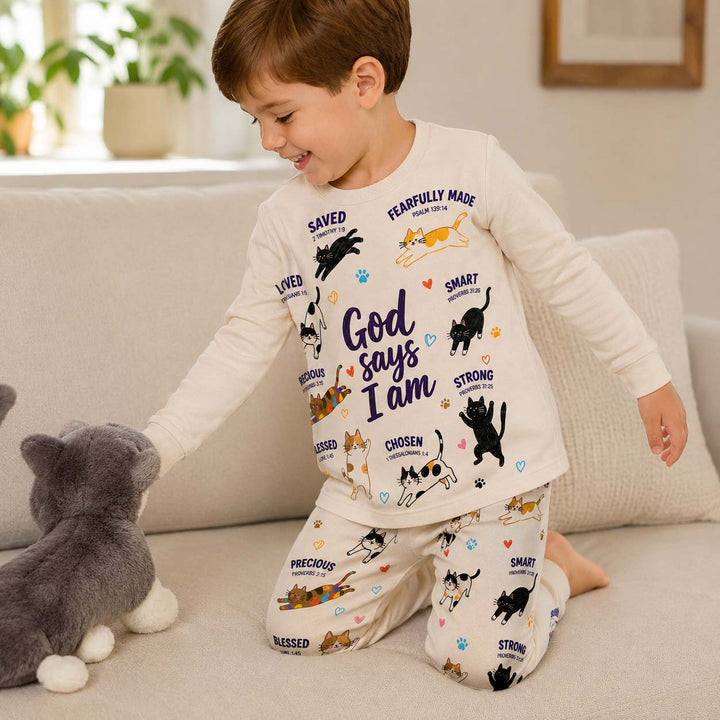 God Says I Am Playful Cats Bamboo Two Piece Long Sleeve Pajama Set