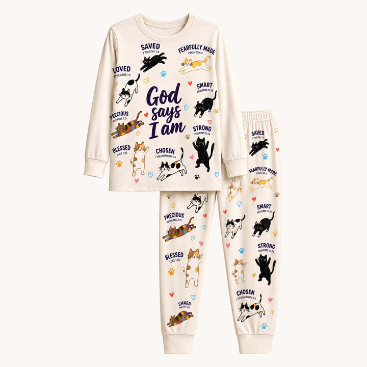 God Says I Am Playful Cats Bamboo Two Piece Long Sleeve Pajama Set