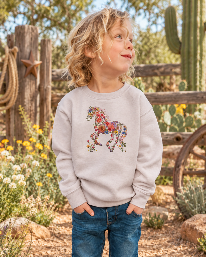 Western Flower Horse Embroidered Bamboo Crewneck Sweatshirt