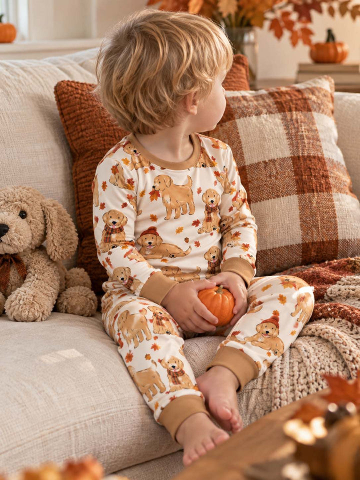 Golden Retriever Fall Playtime Bamboo Two Piece Long Sleeve Pajama Set
