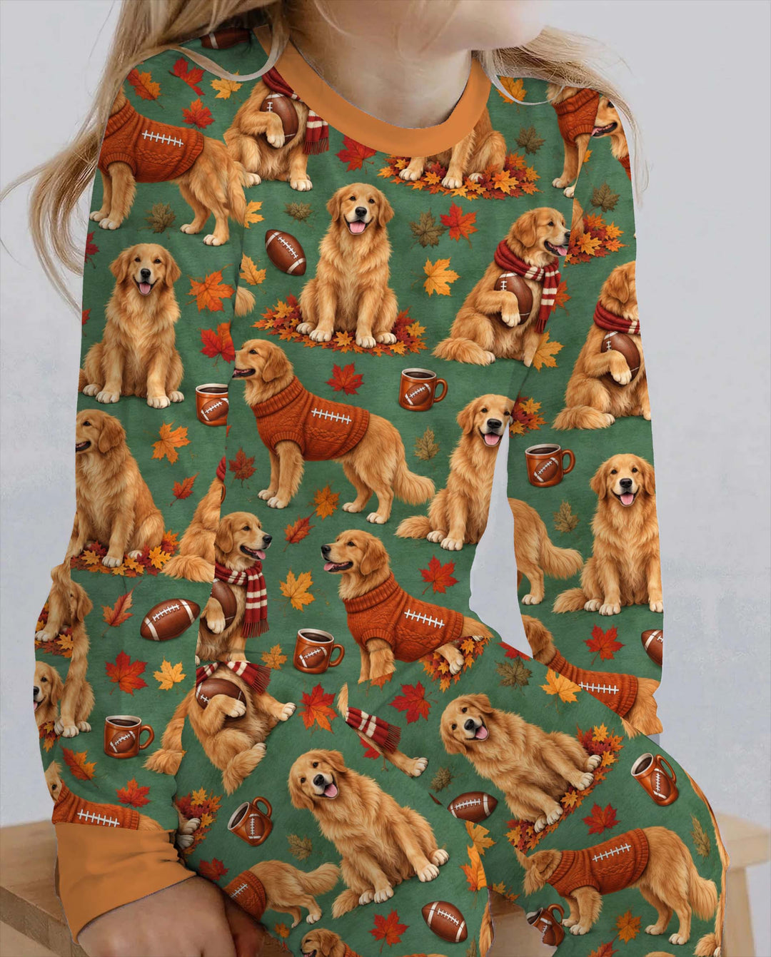 Golden Retriever Football Fall Bamboo Two Piece Long Sleeve Pajama Set