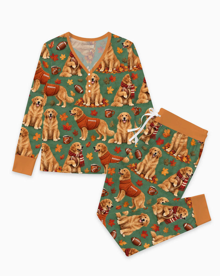 Golden Retriever Football Fall Bamboo Women Pajama Set