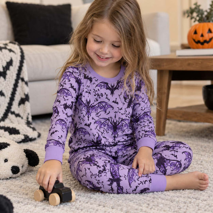 Gothic Purple Bat Pattern Bamboo Two Piece Long Sleeve Pajama Set