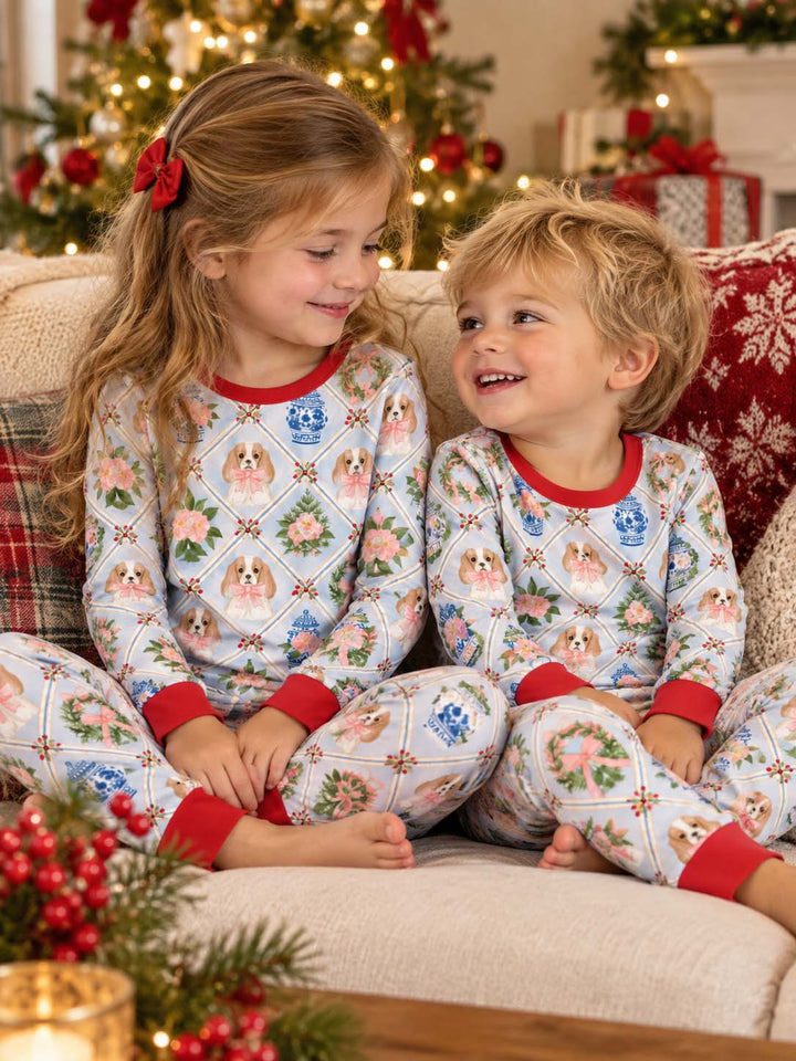 Grandmillennial Christmas Dog and Chinoiserie Bamboo Two Piece Long Sleeve Pajama Set