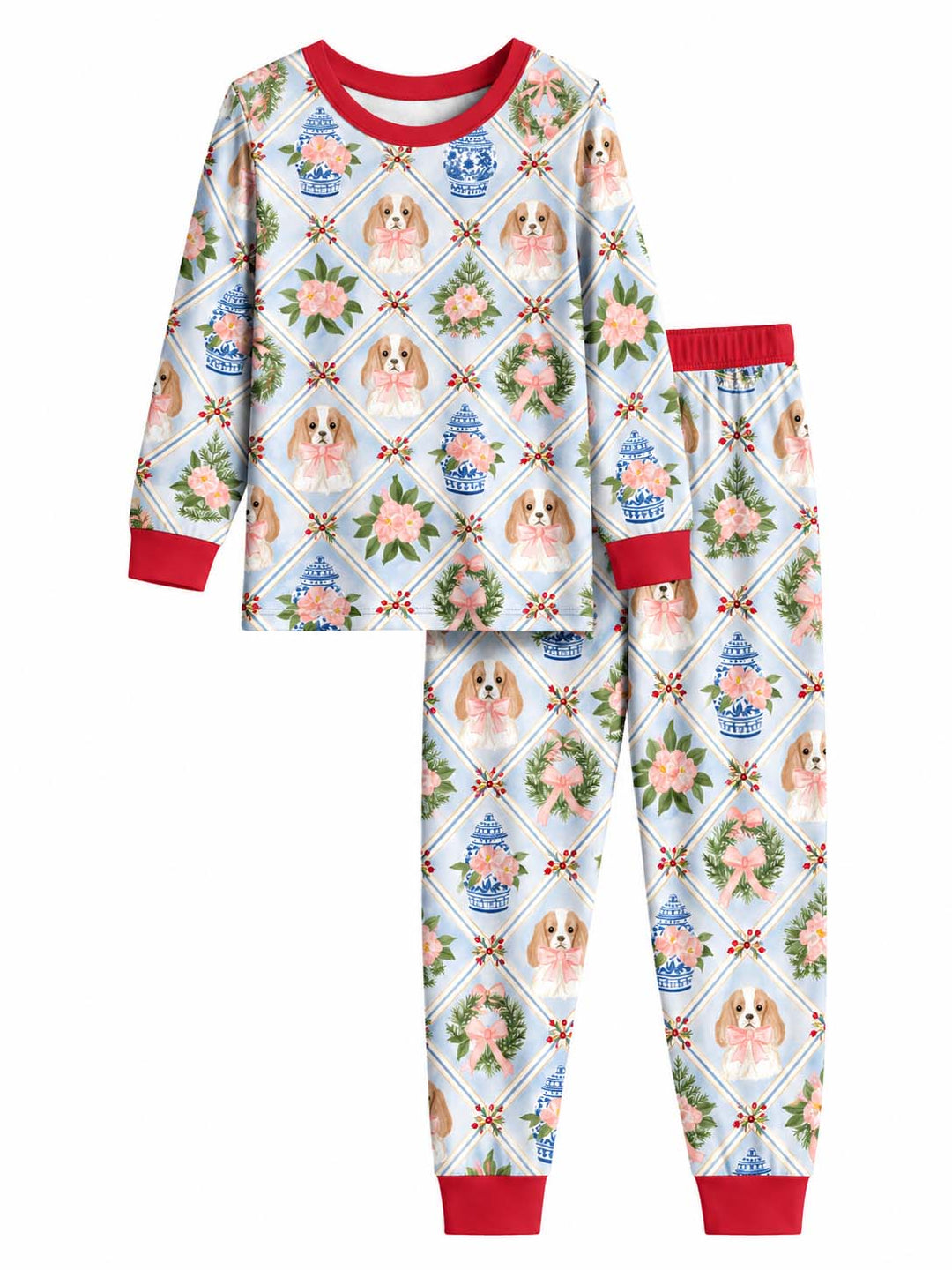 Grandmillennial Christmas Dog and Chinoiserie Bamboo Two Piece Long Sleeve Pajama Set