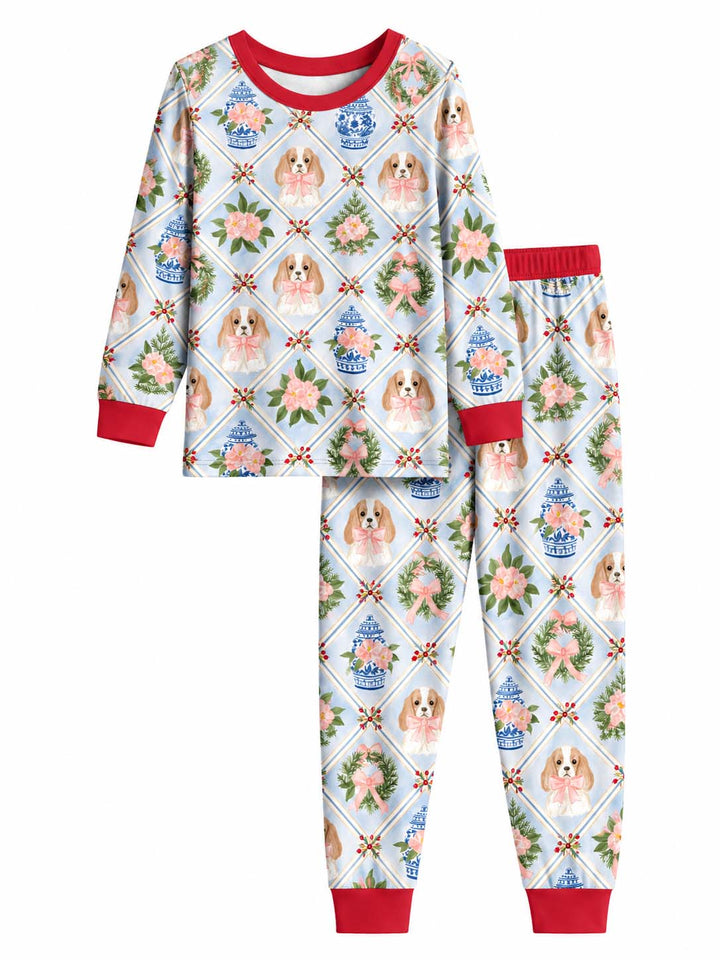 Grandmillennial Christmas Dog and Chinoiserie Bamboo Two Piece Long Sleeve Pajama Set