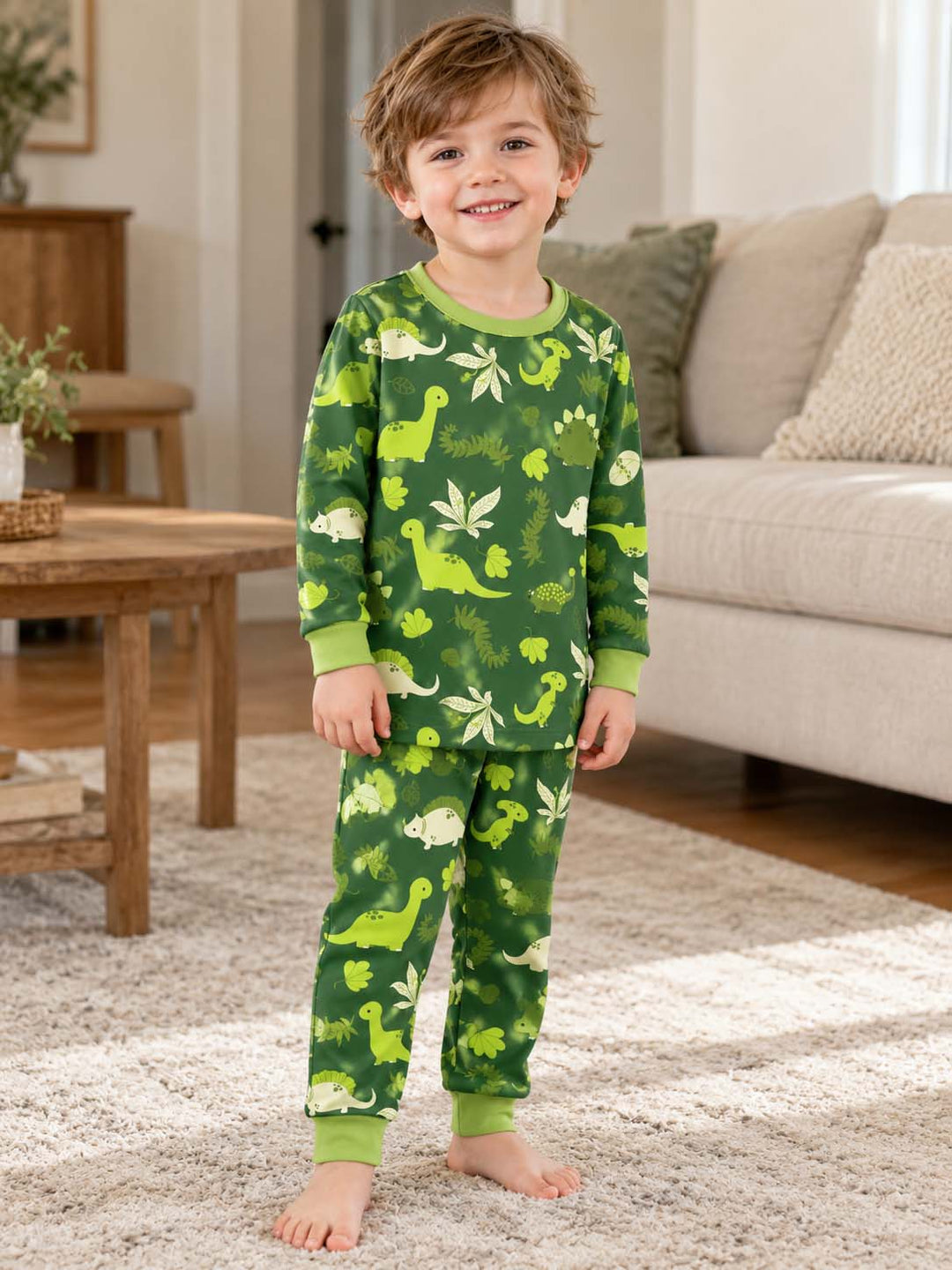 Green Dinosaur Forest Bamboo Two Piece Long Sleeve Pajama Set
