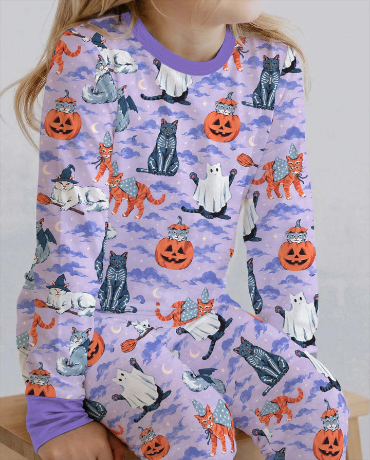 Halloween Cats in the Clouds Bamboo Two Piece Long Sleeve Pajama Set