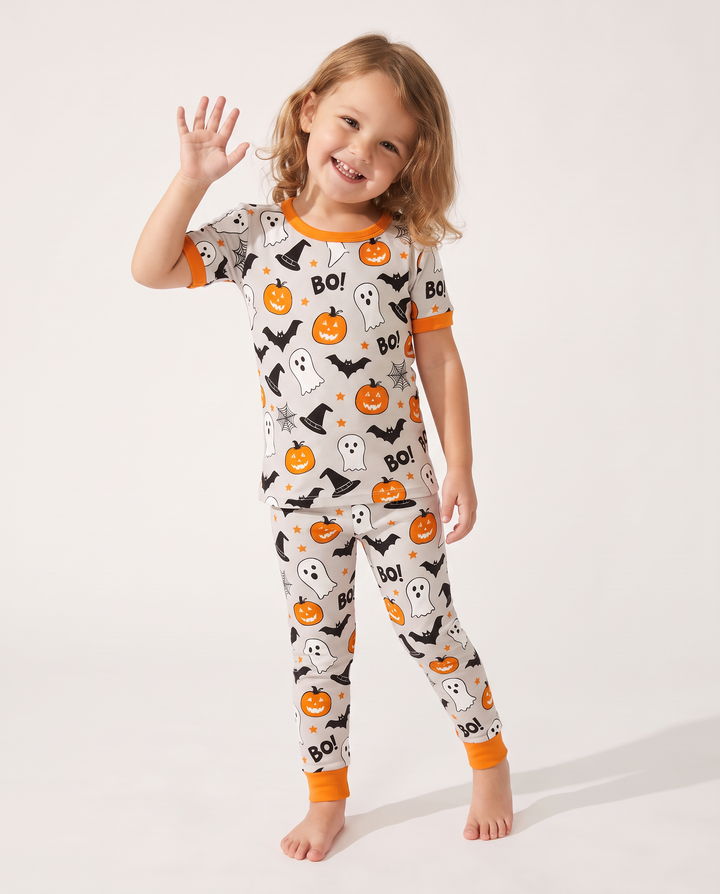 Halloween Boo & Pumpkin Glow In The Dark Bamboo Two Piece Short Sleeve Pyjamas Set