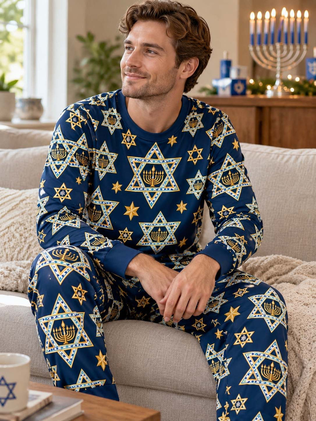 Hanukkah Star and Menorah Bamboo Men's Pajama Set