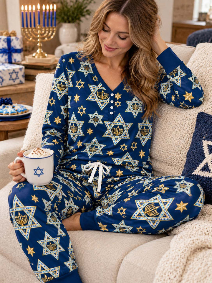 Hanukkah Star and Menorah Bamboo Women Pajama Set
